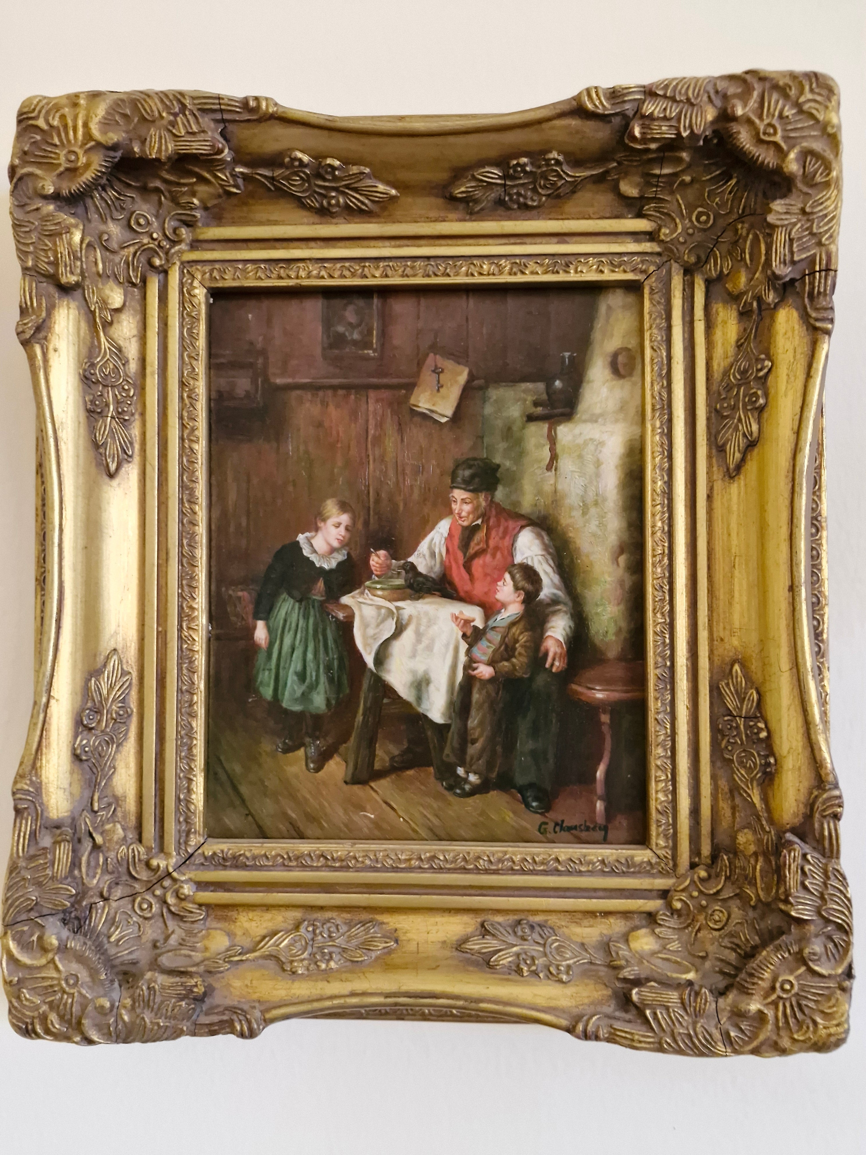 The Family Feeding the Bird — Original Oil on Canvas by G. Clausberg